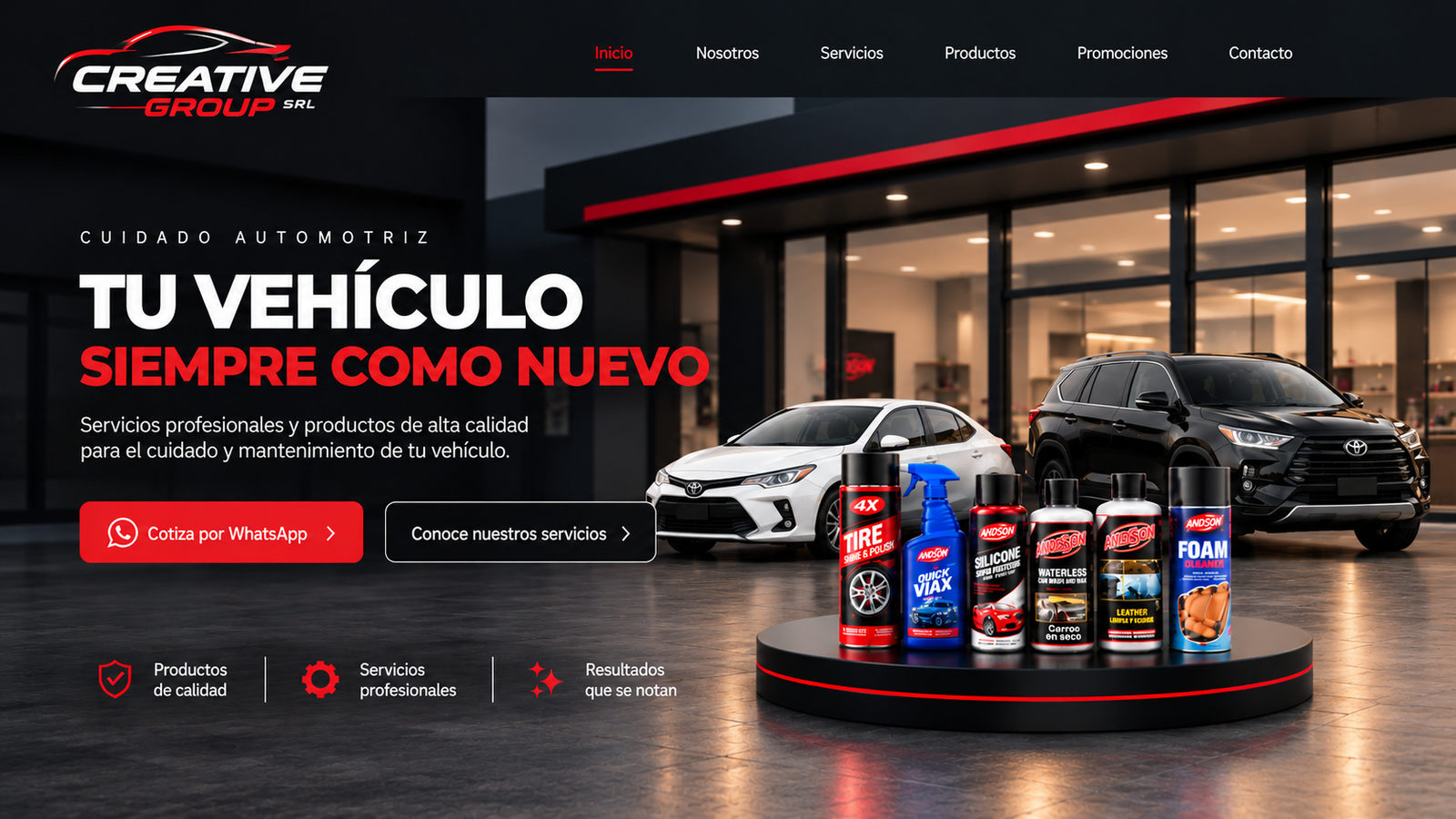 Portada Creative Group SRL: tienda despejada, carro blanco, jipeta negra y seis productos en plataforma circular